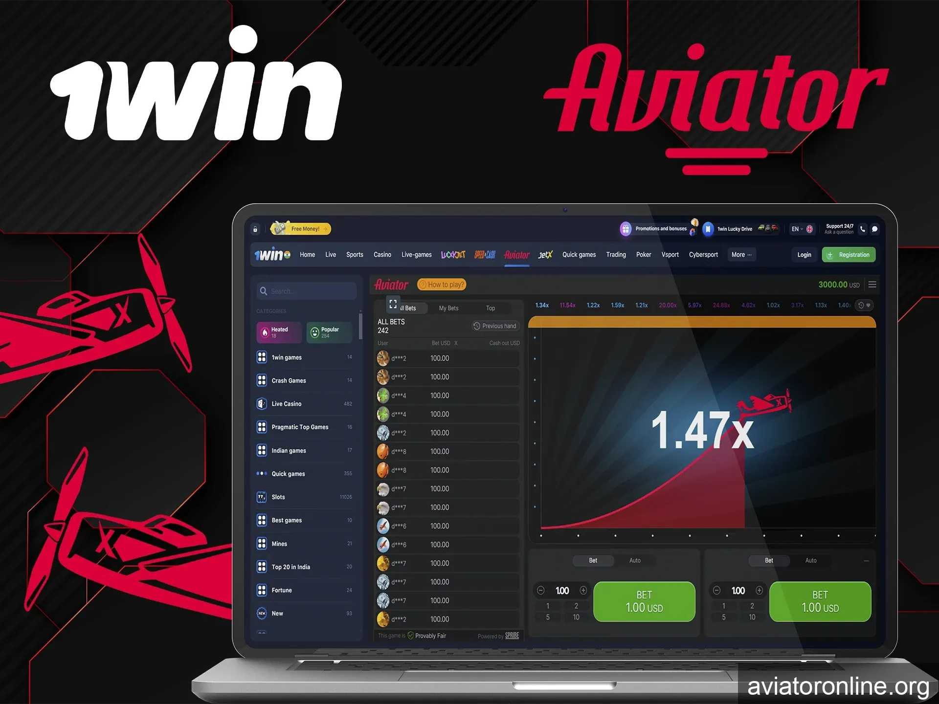 Open the official 1Win website and start playing Aviator.