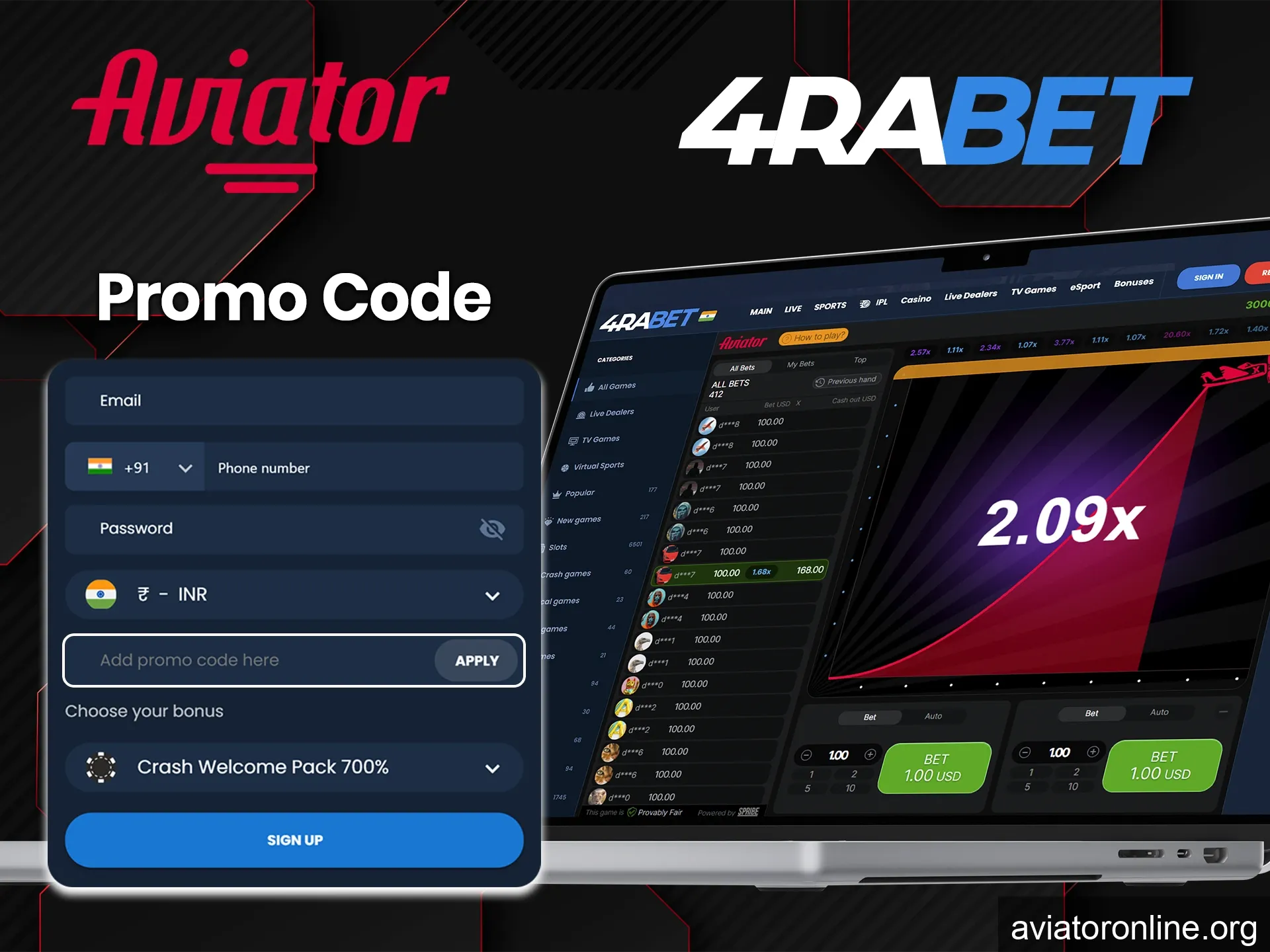 Don't forget to enter the promo code to get the 4rabet bonus and use it in the Aviator game.