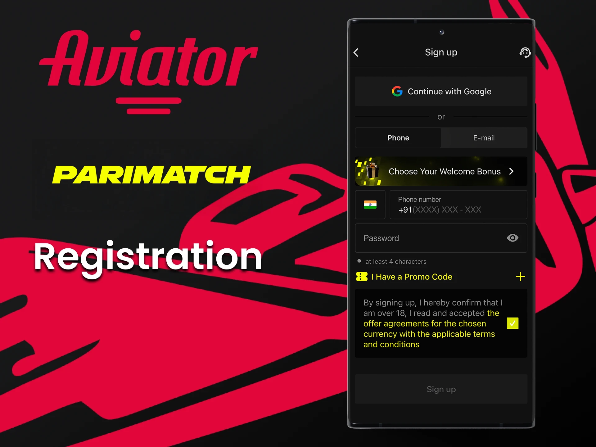 Create a Parimatch account to play Aviator.