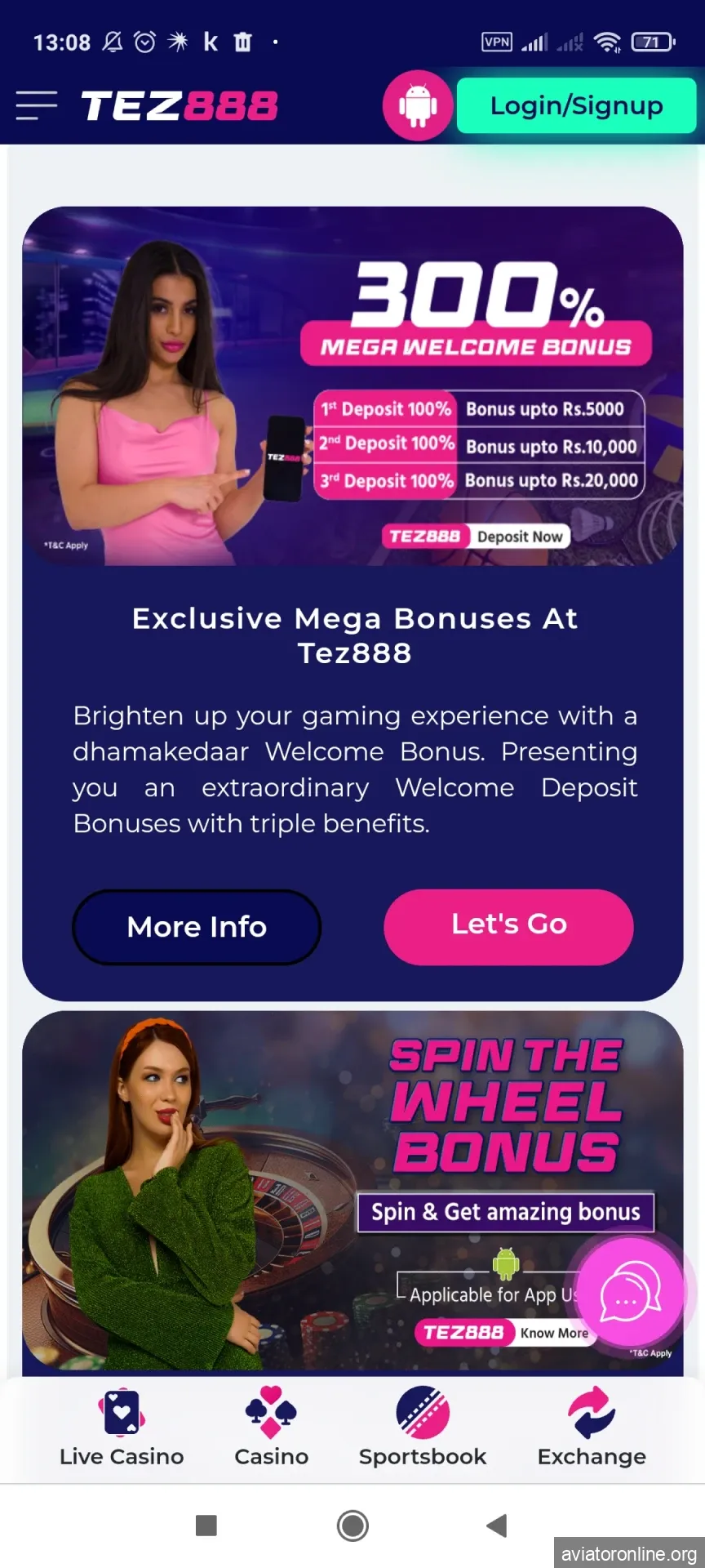 Visit the page with bonuses in the Tez888 application.