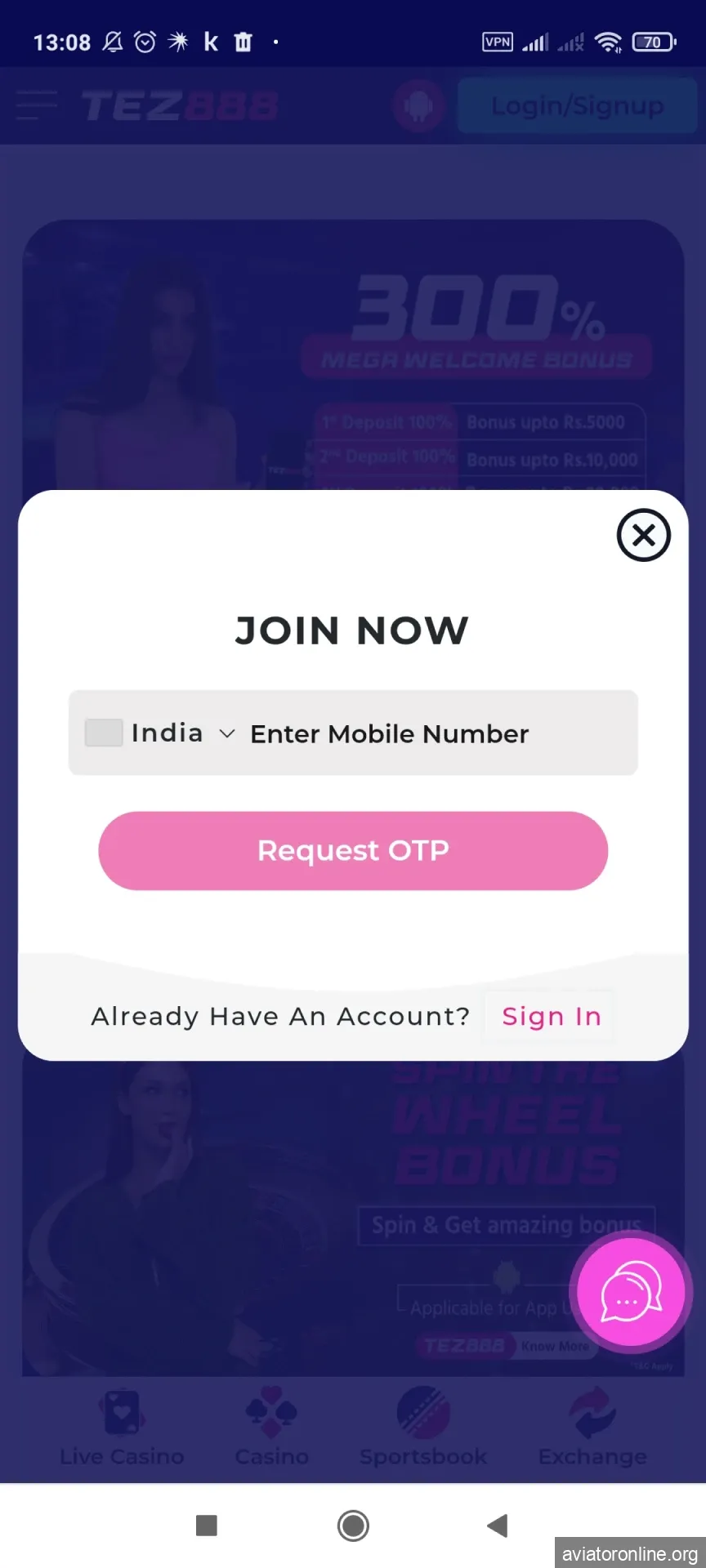 Visit the Tez888 app registration page.